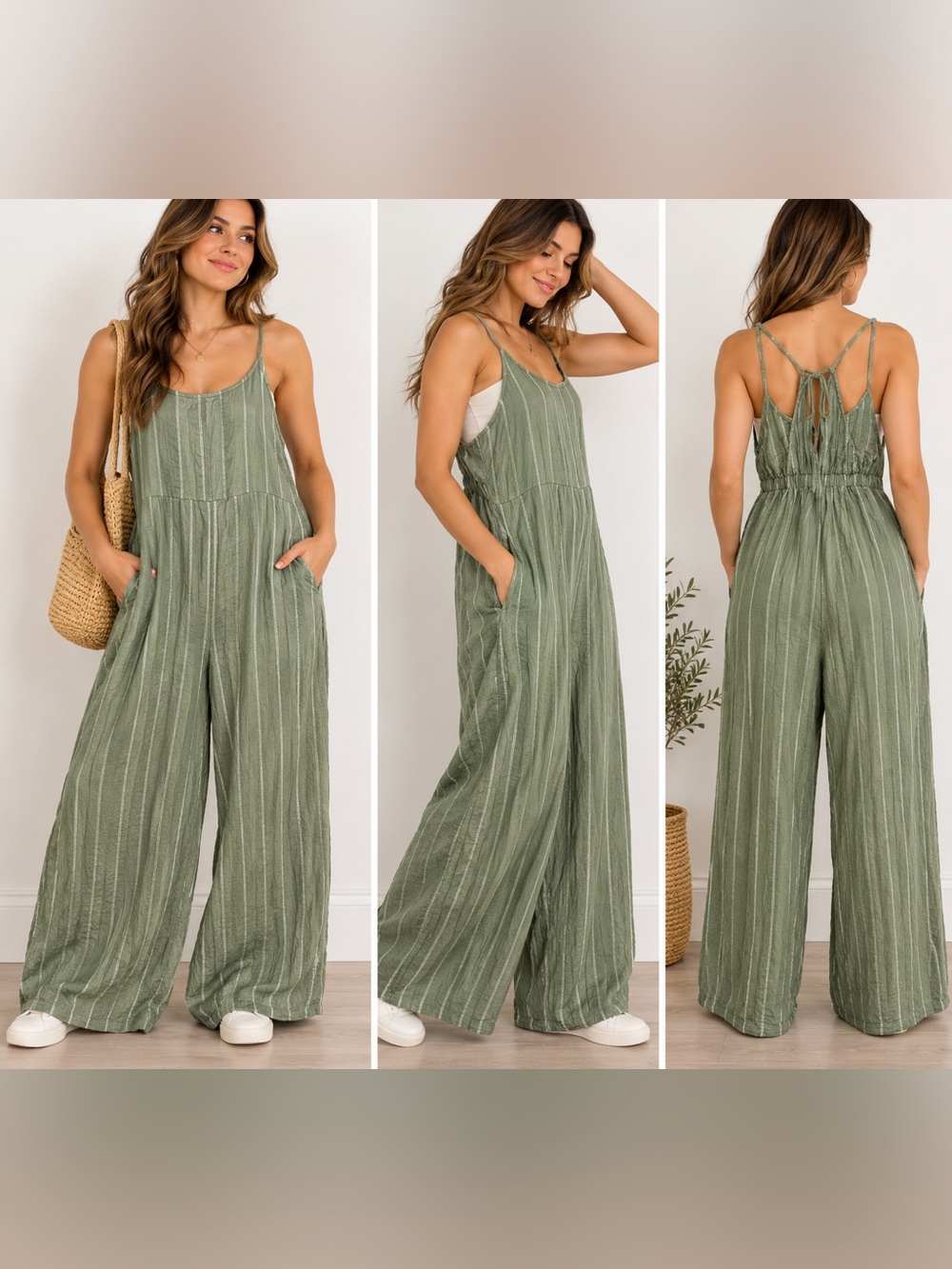 Cost Plus World Market Olive Striped Wide-Leg Jumpsuit
